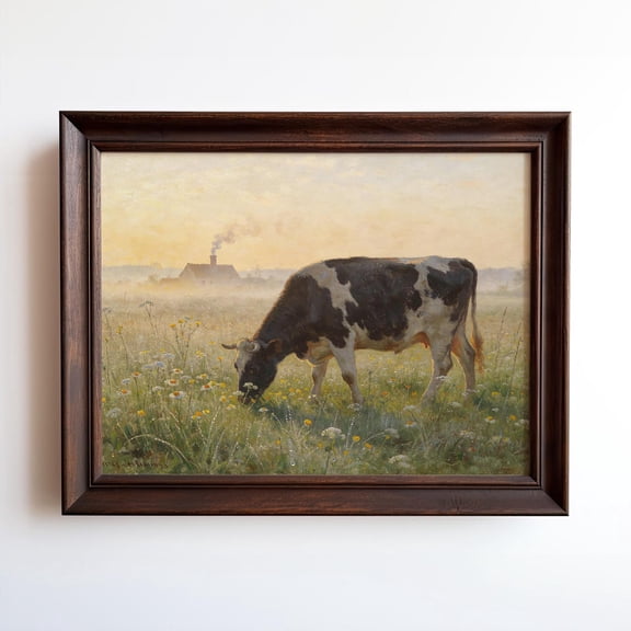 Grazing Cow In Misty Meadow Art Pastoral Farmhouse Wall Art Country Home Decor, Unframed Paper Print