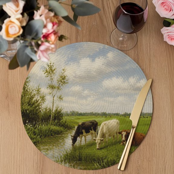 Grazing Cow Round Braided Placemats Set of 2, Rustic Farmhouse River Stream Tree Green Meadow Heat Insulation Place Mats Washable Non-Slip Table Mats for Kitchen Dining Party, 13 Inches