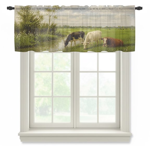 Grazing Cow Sheer Curtain 12 Inch Long Rustic Farmhouse River Stream Tree Green Meadow Light Filtering Rod Pocket Voile Curtain Valance for Bedroom Kitchen Cafe Window 42" W x 12" L