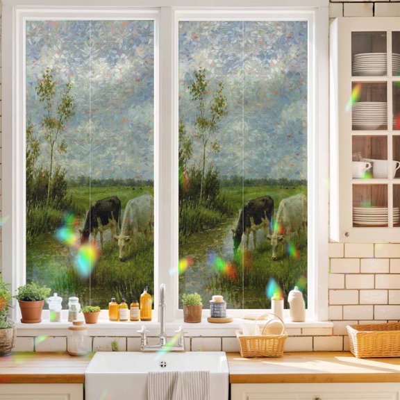 Grazing Cow Window Privacy Film Rustic Farmhouse River Stream Tree Green Meadow Static Cling Stained Glass Window Film Non-Adhesive Decorative Decals Rainbow Sticker 17.7"X39.3"