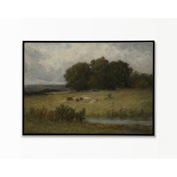 Grazing Cows By Stream Poster, Rustic Landscape Wall Art