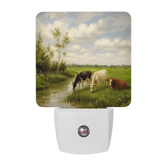 Grazing LED Night Light, Rustic Farmhouse River Stream Tree Green Meadow Night Lights plug into Wall with Smart Sensor Dusk to Dawn Sensor for Nursery Bedroom 2.95x4.5in
