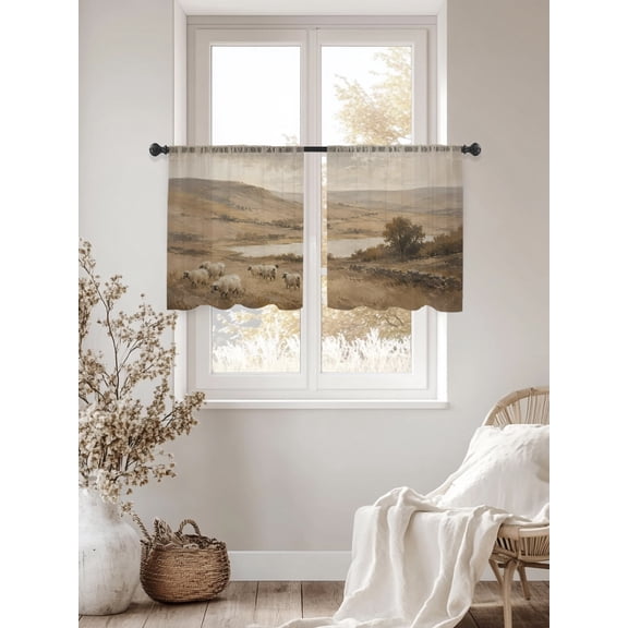Grazing Sheep Sheer Curtains 45 inches Long 2 Panels Set Rustic Vintage Cottagecore Brown Rolling Hill River Tiers Sheers Rod Pocket Small Window Short Curtains for Kitchen Cafe, Each 52" W x 45" L