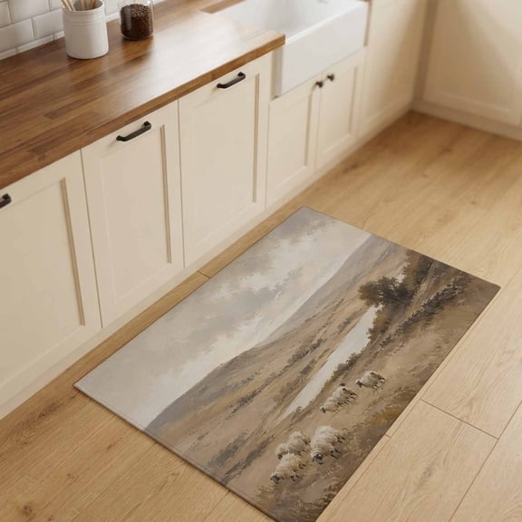 Grazing Sheep Small Area Rugs 2x3 Rustic Vintage Cottagecore Brown Rolling Hill River Entryway Rugs Washable Door Mat, Low-Profile Area Rugs Non Slip Floor Carpet for Living Room Bedroom Home Office