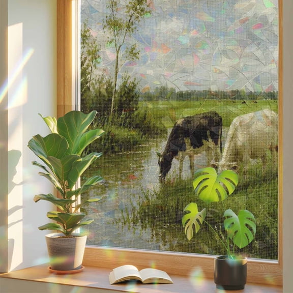 Grazing Window Privacy Film, Rustic Farmhouse River Stream Tree Green Meadow Static Cling Stained Glass Window Sticker Decorative Removable Rainbow Film for Glass 17.7”x39.3”