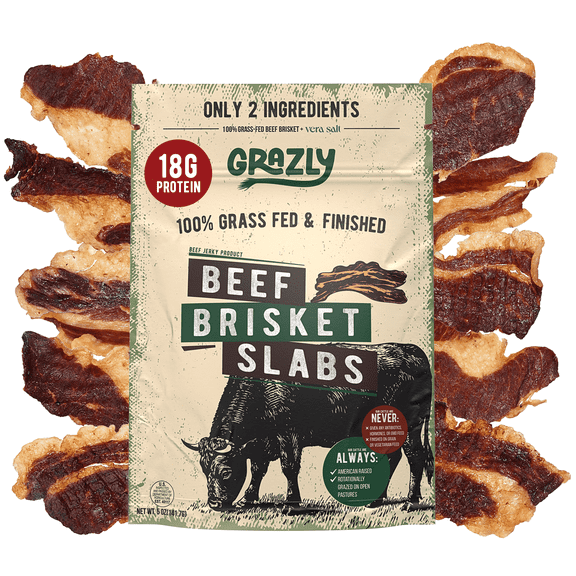 Grazly Beef Brisket Slab – Grass-Fed & Finished | Tender Beef Jerky Made with Only Meat & Salt | High-Protein Carnivore Snacks | Premium Brisket Jerky from 1lb Raw Meat | 5oz On-the-Go Snack Pack