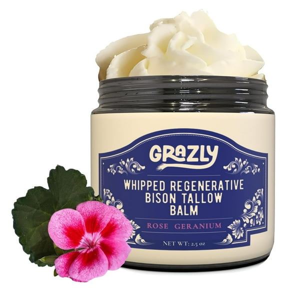 Grazly Rose Whipped Bison Tallow Balm with Manuka Honey & Jojoba Oil - Grass-Fed & Finished Organic Tallow Face Moisturizer - Face & Body Cream for Acne-Prone Skin - Nourishing Skincare - 2.5oz