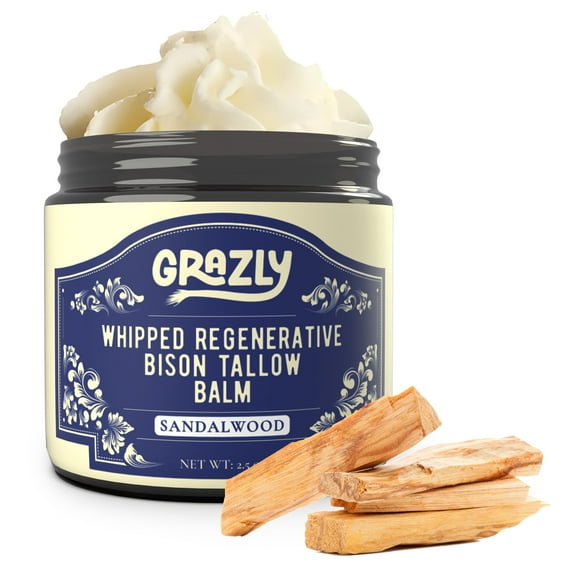 Grazly Sandalwood Whipped Bison Tallow Balm with Manuka Honey & Jojoba Oil - Grass-Fed & Finished Organic Tallow Face Moisturizer - Face & Body Cream for Acne-Prone Skin - Nourishing Skincare - 2.5oz