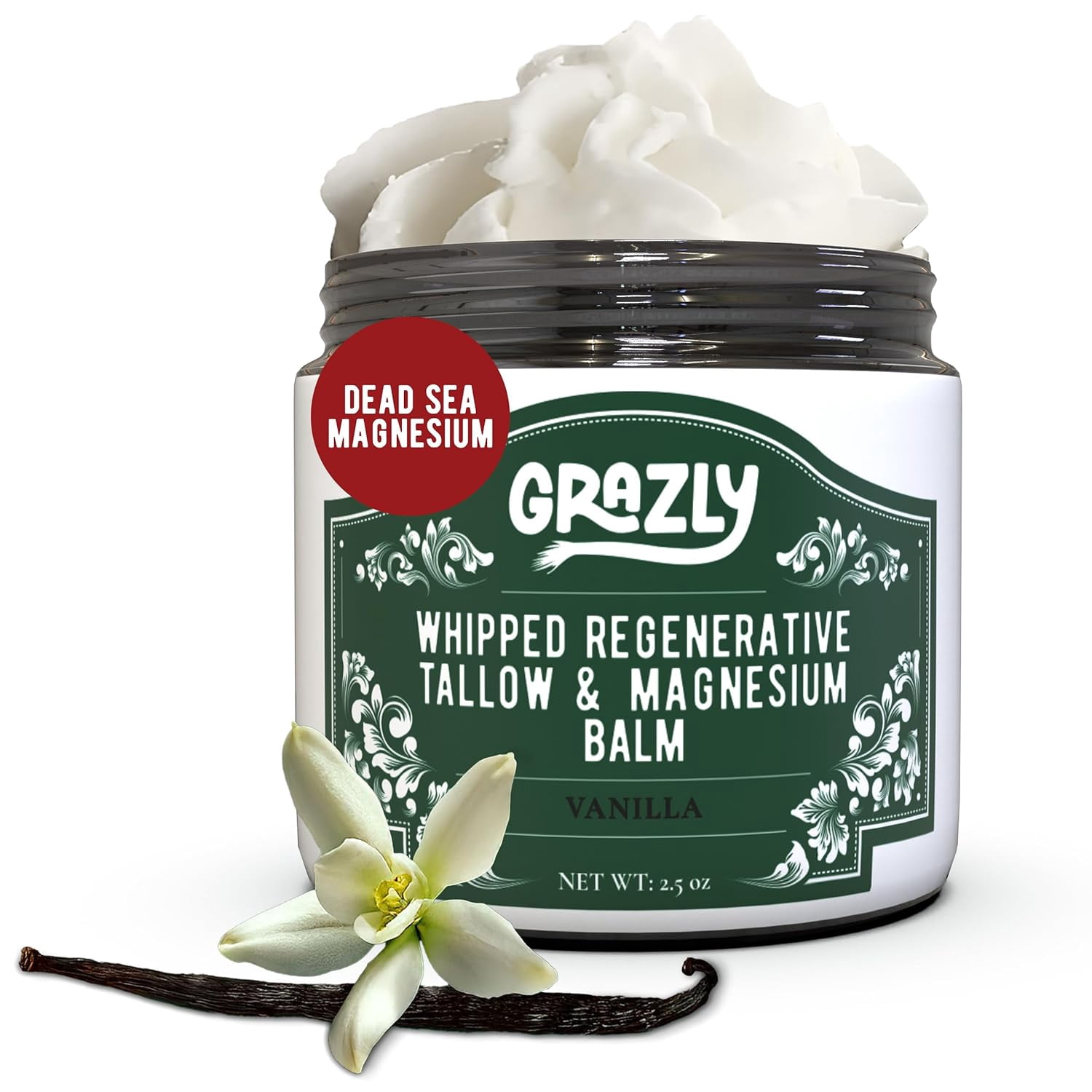 Grazly Whipped Beef Tallow for Skin w/Dead Sea Magnesium, Manuka Honey, Jojoba Oil & Vanilla - Grass Fed Beef Tallow Balm - Body & Face Moisturizer for Dry, Sensitive Skin - 2.5oz