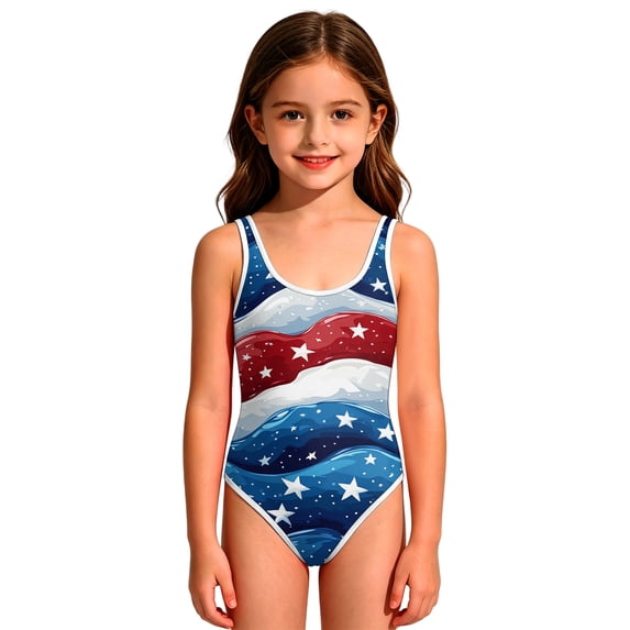 Grbisyd 4th July Swimsuits for Girls Patriotic Star Striped Crew Neck Bathing Suits Independence Day Kids One Piece Swimsuits