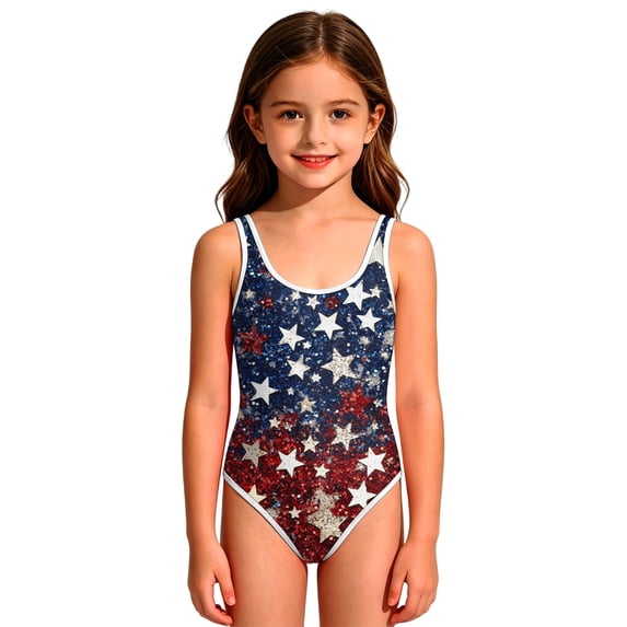 Grbisyd 4th July Swimsuits for Girls Patriotic Star Striped Crew Neck Bathing Suits Independence Day Kids One Piece Swimsuits