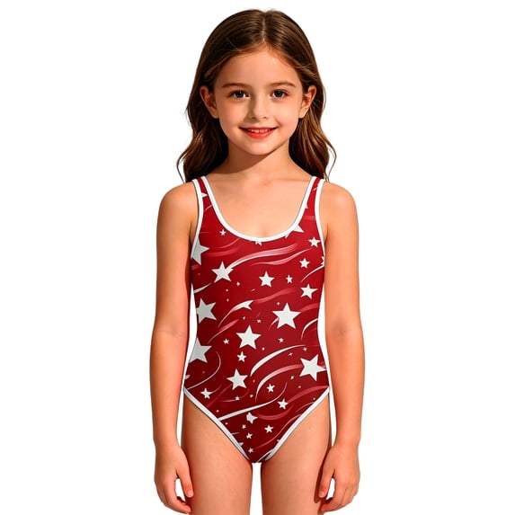 Grbisyd July 4th Celebration Girls Swimsuit One Piece Bathing Suit with Crew Neck Quick Dry Patriotic Swimming Suits Independence Day Swimwear 1-10 Years