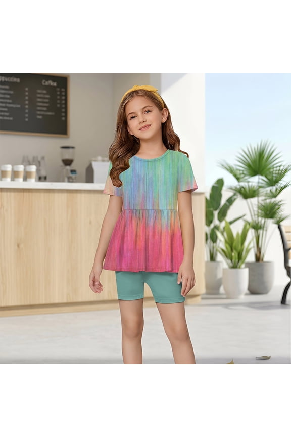 1-13Y Tween Girl Clothes 2 Piece Short Sleeve Gradient Ruffle Hem Top and Biker Shorts Teen Girl Summer Outfits Short Set