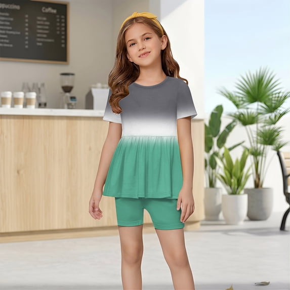 Grblisyd 1-13Y Tween Girl Clothes 2 Piece Short Sleeve Gradient Ruffle Hem Top and Biker Shorts Teen Girl Summer Outfits Short Set
