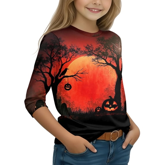 Grblisyd 3/4 Sleeve Shirt for Girls Boys Casual Basic Tees Fall Winter Halloween Crew Neck Tops Blouse 7-8 Years