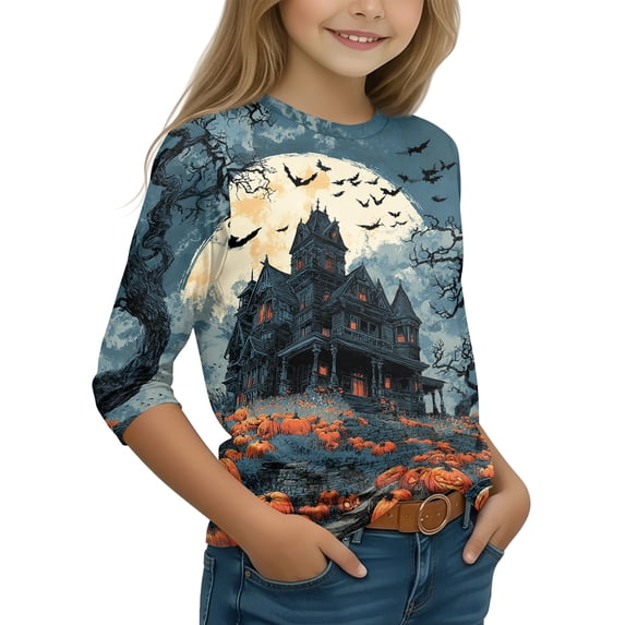 Grblisyd 3/4 Sleeve Shirt for Girls Boys Casual Basic Tees Fall Winter Halloween Crew Neck Tops Blouse 7-8 Years