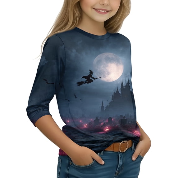 Grblisyd 3/4 Sleeve Shirt for Girls Boys Casual Basic Tees Fall Winter Halloween Crew Neck Tops Blouse 7-8 Years