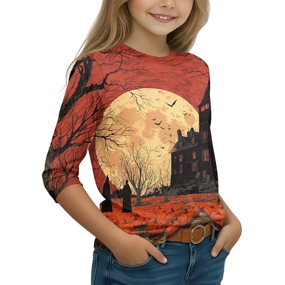Grblisyd 3/4 Sleeve Shirt for Girls Boys Casual Basic Tees Fall Winter Halloween Crew Neck Tops Blouse 7-8 Years