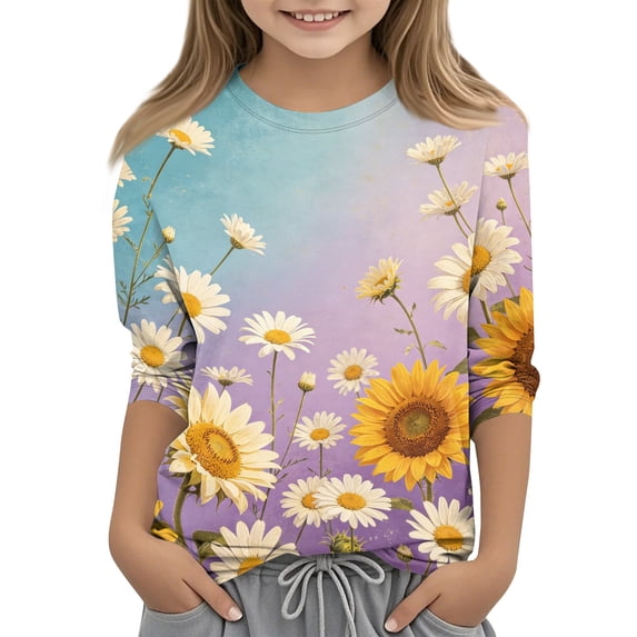 Grblisyd 3/4 Sleeve Shirts for Girls Cute Sunflower Daisy Printed T Shirts Kids Summer Loose Tops Casual Crewneck Tees 7-8 Years