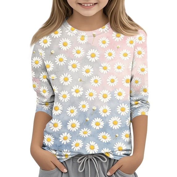 Grblisyd 3/4 Sleeve Shirts for Girls Cute Sunflower Daisy Printed T Shirts Kids Summer Loose Tops Casual Crewneck Tees 7-8 Years