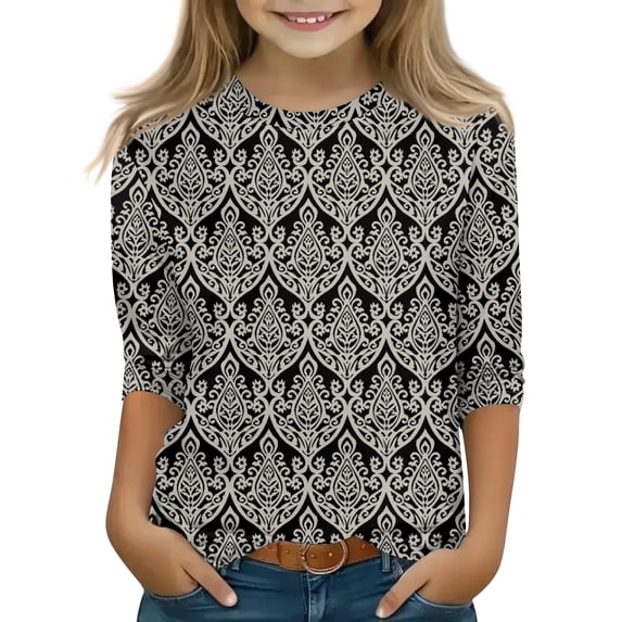 Grblisyd 3/4 Sleeve Shirts for Teens Girls Crew Neck Cute Summer Fall Tops Floral Print Blouses Clothes