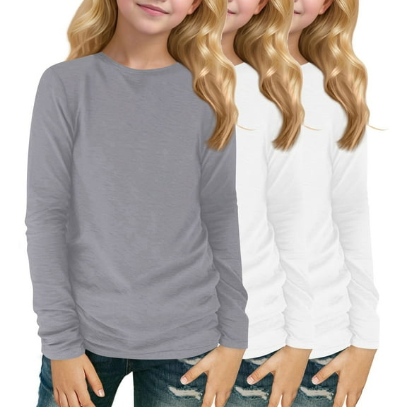 Grblisyd 3 Pack Girls Long Sleeve Shirts Fall Trendy Girls Tops Size 10-12 Shirt Cute Crewneck T-shirts Kids Teen Girls Clothes ,Gray-White-White 5-6Y