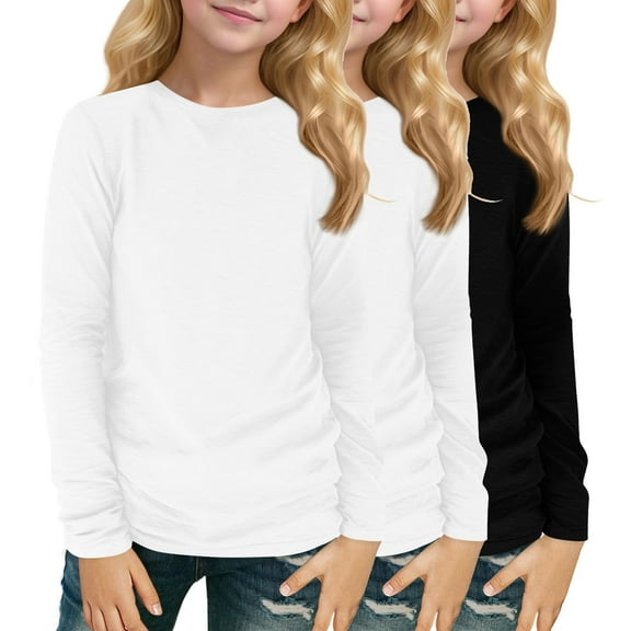 Grblisyd 3 Pack Girls Tops Size 10-12 Long Sleeve Shirts Fall Cute Black Shirts Size 10-12 Kids Crew Neck Tee Shirt Trendy Basic Teen Girls Clothes ,White-White-Black 10-11Y