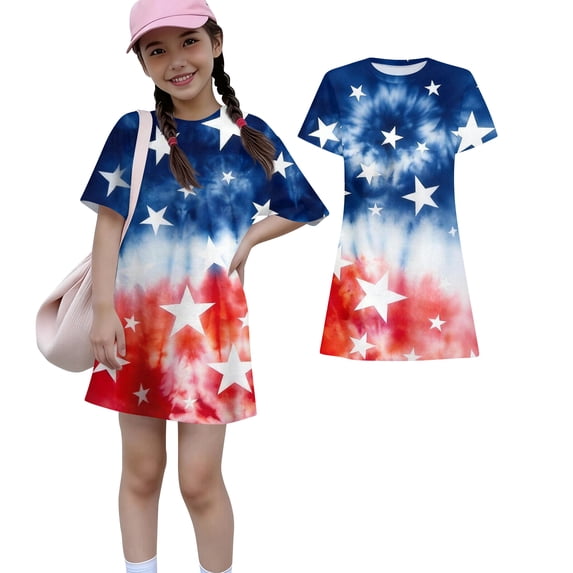 Grblisyd 4th of July Dresses for Girls Red White and Blue USA Patriotic Dress American Flag Crew Neck Short Sleeve A Line Dress Size 7