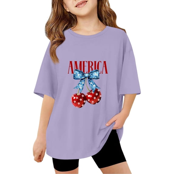 Grblisyd 4th of July Girls Shirts Size 10-12 America Cherry Bow USA Flag Short Sleeve Crew Neck Kids T-Shirts Loose Tee Clothes Summer Tops for Girls