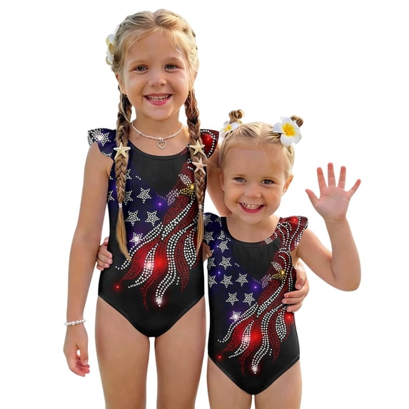 Grblisyd 4th of July Girls Swimsuit American Flag Crew Neck Flutter Sleeve Swimwear Beach Quick Dry Independence Day Bathing Suit for Kids 7-8 Years