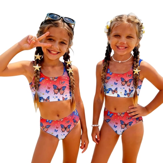 Grblisyd 4th of July Girls Swimsuit Red White and Blue Casual Swimwear 2 Piece Bathing Suit Cute Scoop Neck Swimsuits for Girls 6Y