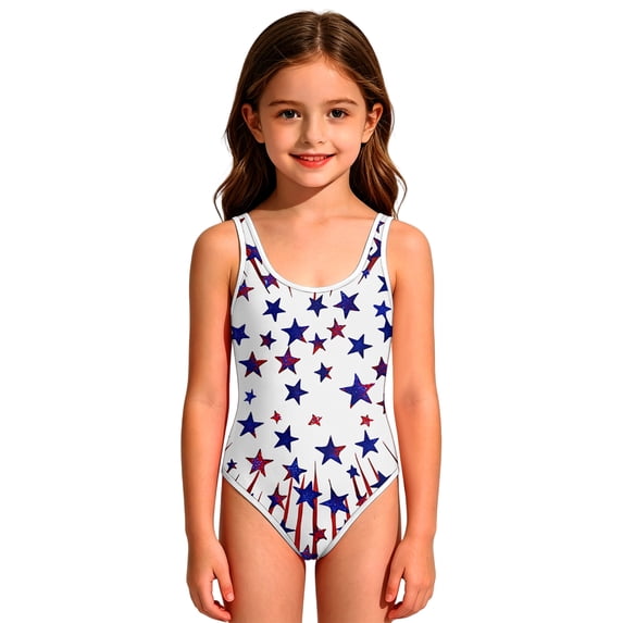 Grblisyd 4th of July Girls Swimsuit Star Striped One Piece Swimwear Crew Neck Bathing Suit 1-10Y