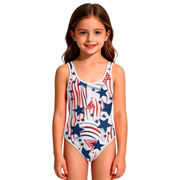 Grblisyd 4th of July Girls Swimsuit Star Striped One Piece Swimwear Crew Neck Bathing Suit 1-10Y