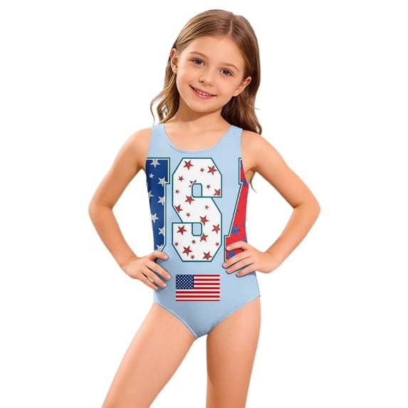 Grblisyd 4th of July Girls Swimsuits Size 10-12 White, and Blue One Piece Swimwear Athletic Crew Neck Bathing Suit