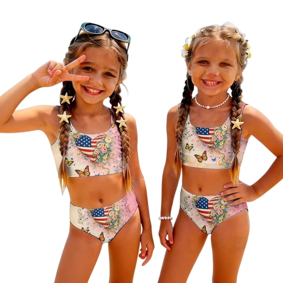 Grblisyd 4th of July Girls Swimsuits Two Piece Casual Scoop Neck Independence Day Bikini Sets Size 7 Years