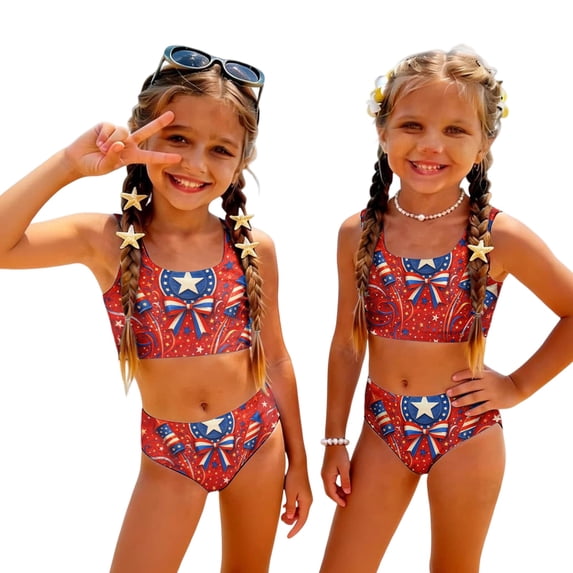 Grblisyd 4th of July Girls Swimsuits Two Piece Casual Scoop Neck Independence Day Bikini Sets Size 7 Years