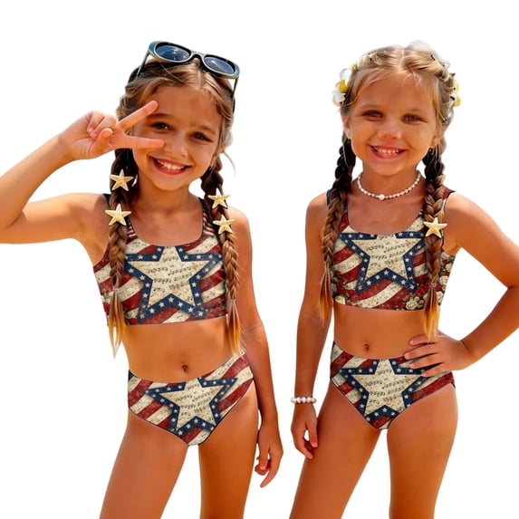 Grblisyd 4th of July Girls Swimsuits Two Piece Casual Scoop Neck Independence Day Bikini Sets Size 7 Years