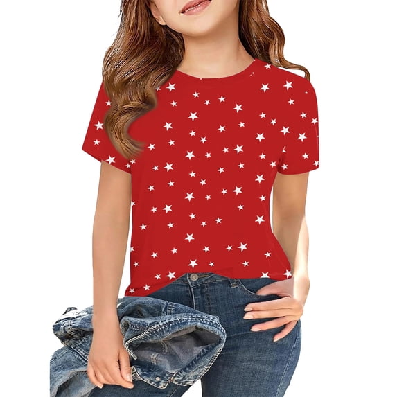 Grblisyd 4th of July Girls T Shirts Red White Blue Kids Summer Tops Crewneck Short Sleeve Patriotic Graphic Tees 7-8 Years