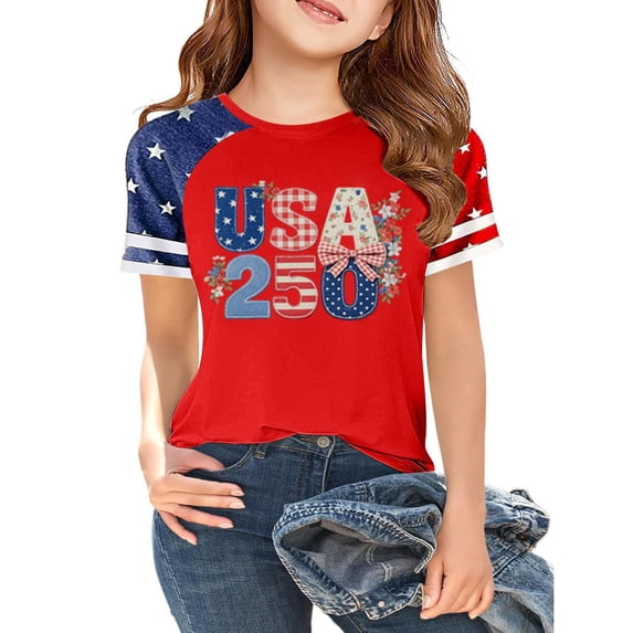 Grblisyd 4th of July Girls USA Shirt 250th Anniversary American Flag Patriotic Crew Neck Short Sleeve T-Shirt Independence Day Outfit for Kids