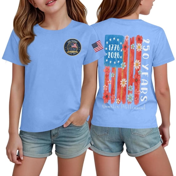 Grblisyd 4th of July Outfits for Girls Boys Shirt Crew Neck Kids USA American Flag Short Sleeve Shirt Comfortable Patriotic Tops 1-13 Years