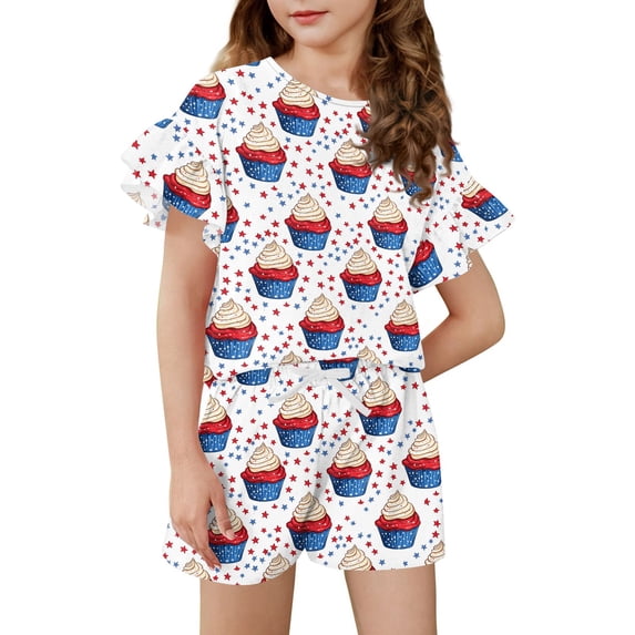 Grblisyd 4th of July Outfits for Girls Patriotic Summer Ruffle Short Sleeve Shirts Top and Drawstring Elastic Waist Shorts Set