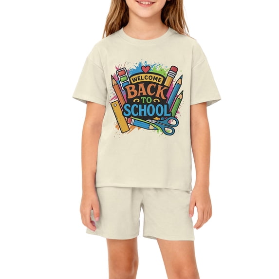 Grblisyd Back to School Boys Girls Summer Outfits 2 Piece Clothes Cute Letter Print Short Sleeve Top and Casual Elastic Waist Short Sets