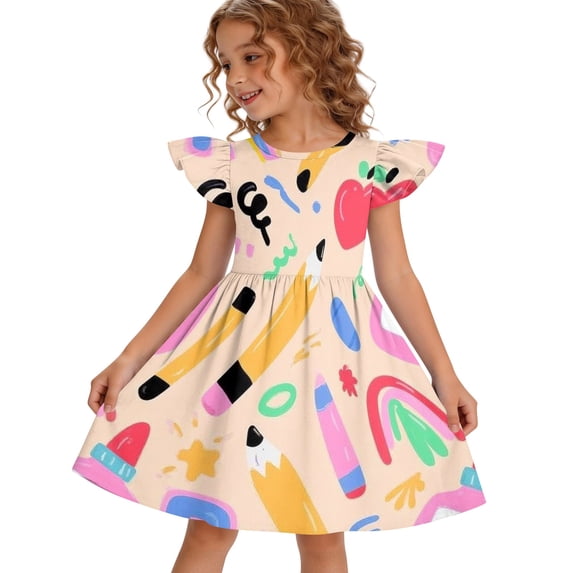 Grblisyd Back to School Clothes Girls' Dresses Cute Pencil Print Flutter Sleeve A Line Dress Summer First Day of School Outfits 2-8Y