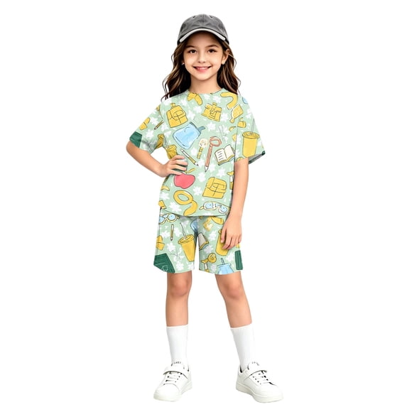 Grblisyd Back to School Girls 2 Piece Summer Outfits 5-14y Kids Short Sleeve T-shirt and Elastic Waist Shorts Sets