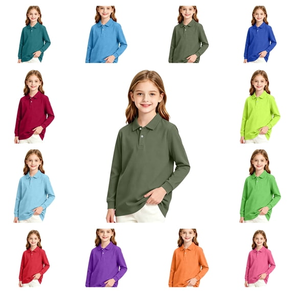 Grblisyd Back to School Girls Boys Long Sleeve Uniform Shirts Basic Solid Color Polo Shirts for Kids