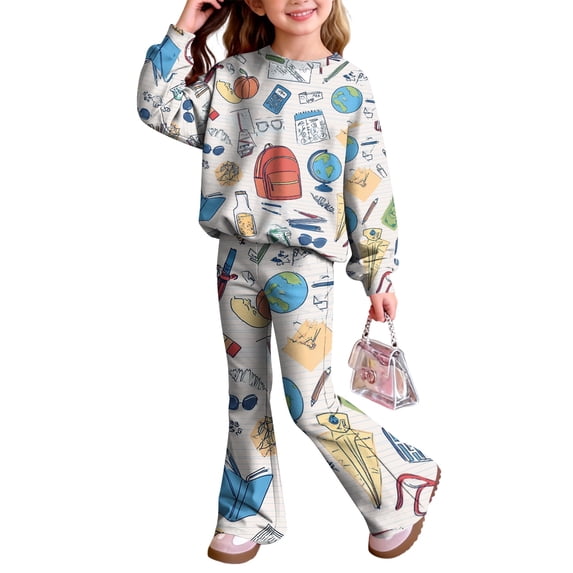 Grblisyd Back to School Outfits for Girls 2PCS Crew Neck Long Sleeve Top & Flare Pants withCute Stationery Print Casual Girl Clothes