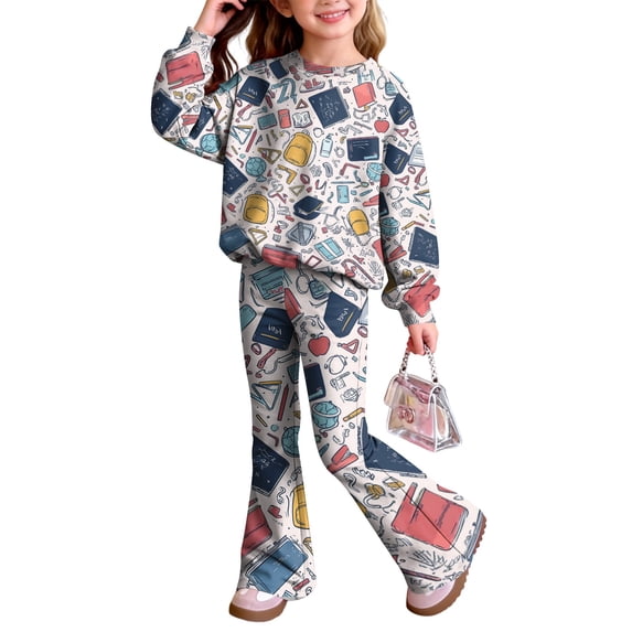 Grblisyd Back to School Outfits for Girls 2PCS Crew Neck Long Sleeve Top & Flare Pants withCute Stationery Print Casual Girl Clothes