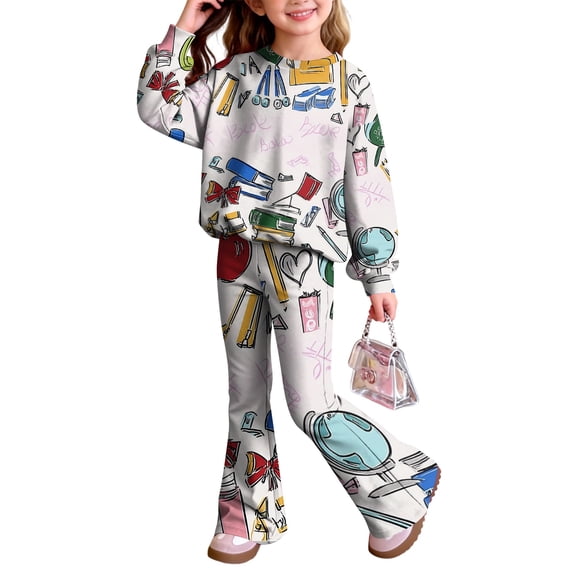 Grblisyd Back to School Outfits for Girls 2PCS Crew Neck Long Sleeve Top & Flare Pants withCute Stationery Print Casual Girl Clothes