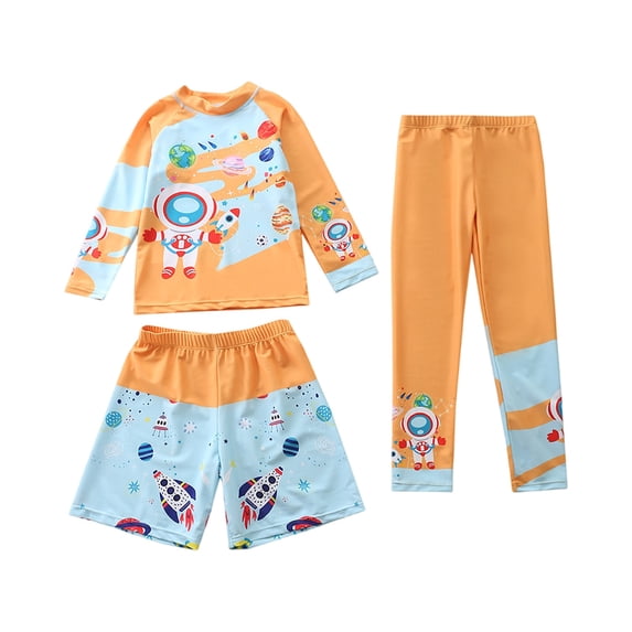Grblisyd Boys 3 Piece Swimsuit Rash Guard Set Cute Cartoon Print Beach Bathing Suits Kids Shorts Swim Trunks Pants Long Sleeve