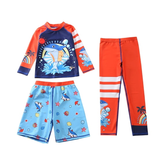 Grblisyd Boys 3 Piece Swimsuit Rash Guard Set Cute Cartoon Print Beach Bathing Suits Kids Shorts Swim Trunks Pants Long Sleeve